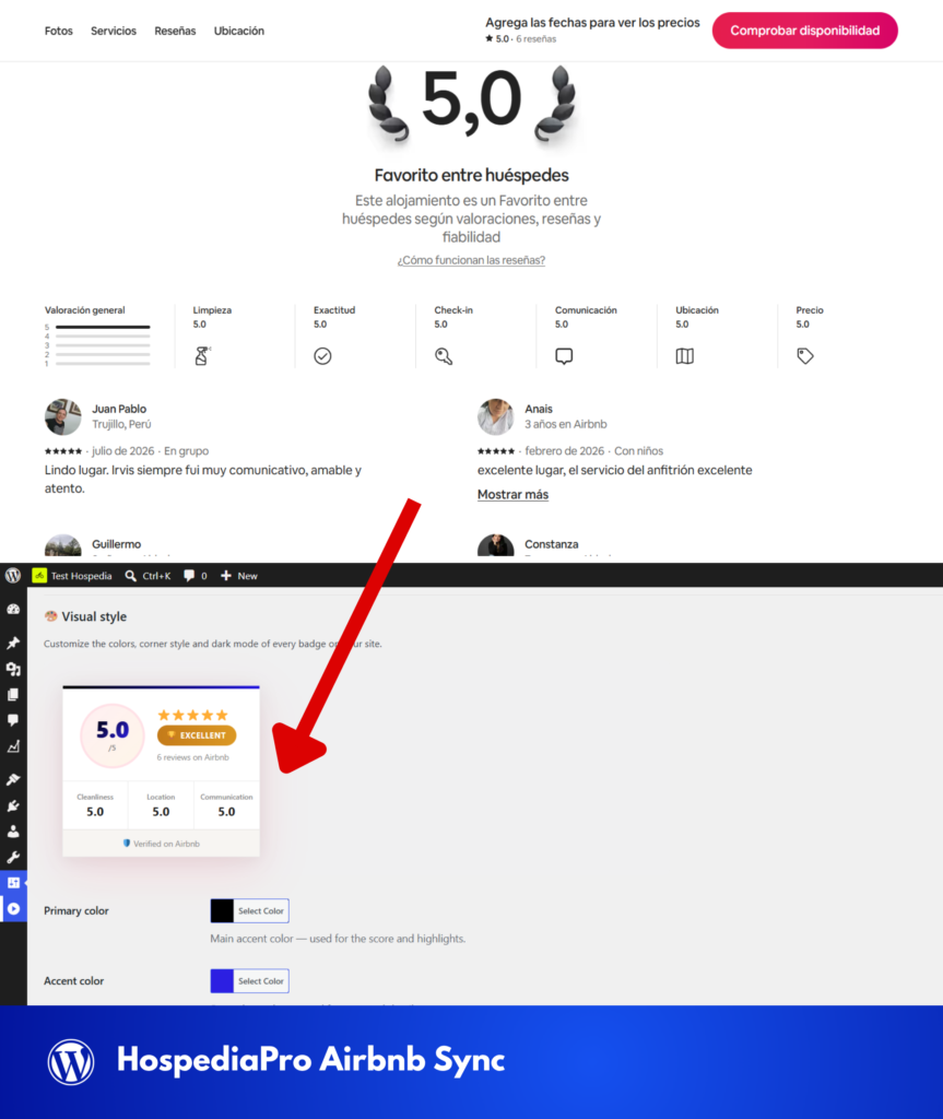 Badge de tu puntuación Airbnb con diseño propio, bloque Gutenberg/Elementor, notificaciones y estrellas doradas en Google. Se actualiza solo.