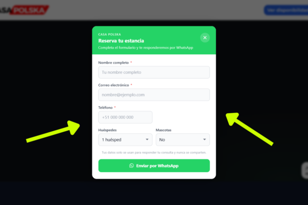 Botón de WhatsApp con formulario inteligente, dashboard en tiempo real y analytics para hoteles y alquileres vacacionales. Pago único, sin suscripción.